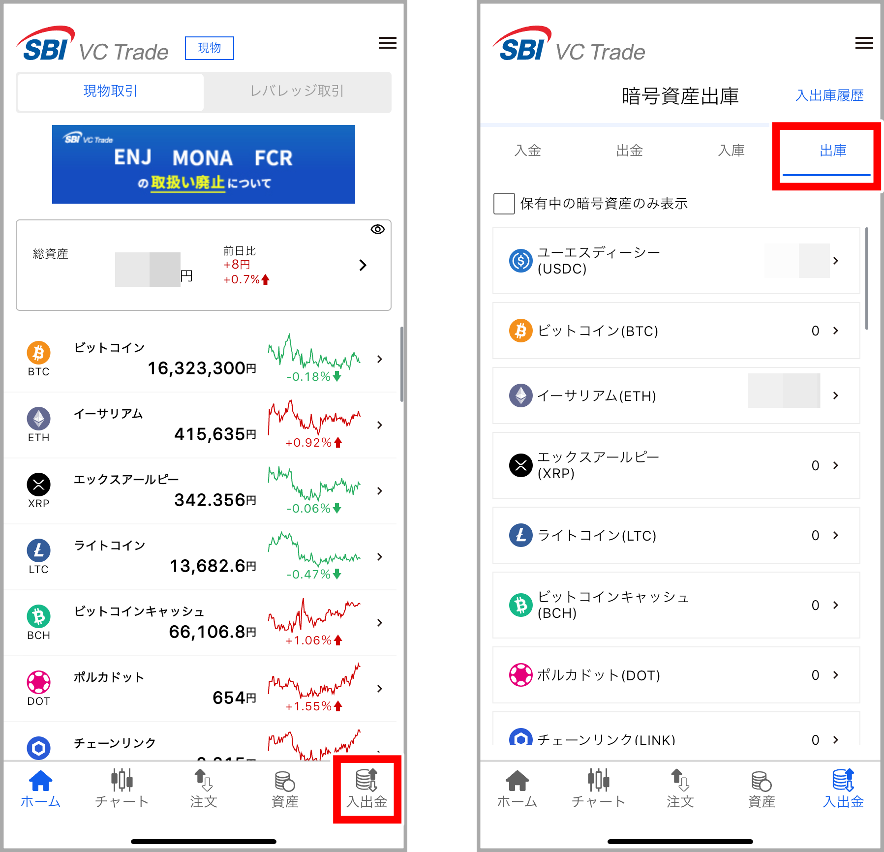 SBI VCトレードから海外取引所に暗号資産を出金手順1